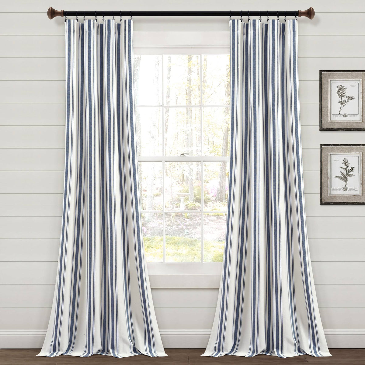 Lush Decor Farmhouse Stripe Yarn Dyed Cotton Window Curtain Panel Pair 84" x 42" Navy