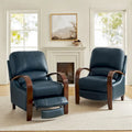 Set of 2 Alex Mid Century Modern Genuine Leather Manual Recliners with Curved Wooden Arms